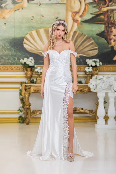 Dq Off-shoulder Satin Wedding Dress With Floral Lace Trim And Thigh-high Slit In White