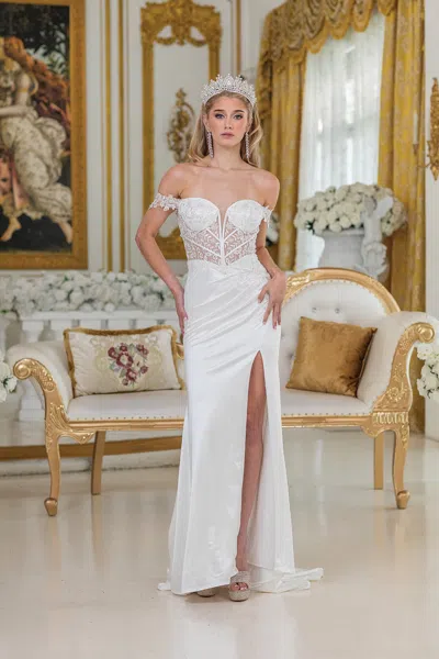 Dq Off-shoulder Satin Wedding Dress With Sheer Corset Bodice, Lace Embellishments, High Slit, And Fitte In White