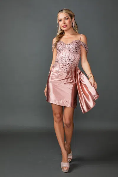 Dq Off-shoulder Sequin Embellished Homecoming Dress With Ruched Skirt And Side Draped Detail In Pink