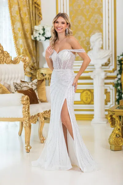 Dq Off-shoulder Sequin-embellished Prom Dress With High Slit And Flowing Skirt, Featuring A Fitted Bodi In White