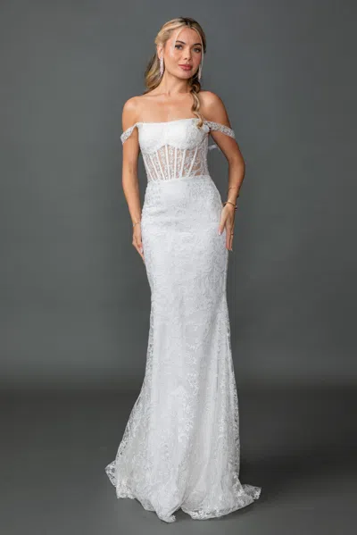 Dq Off-shoulder Sheer Corset Wedding Gown With Lace Embroidery And Fitted Mermaid Silhouette In White