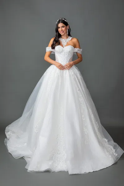 Dq Off-shoulder Sweetheart Lace Corset Bodice Ball Gown With Illusion High Neck Detail, Applique Embroi In White