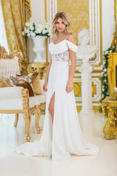 Dq Off-shoulder Wedding Dress With Draped Sleeves, Sheer Lace Bodice, And High Slit Skirt In White