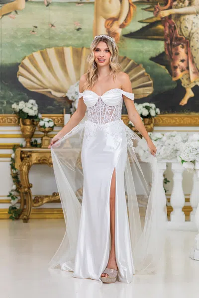 Dq Off-shoulder Wedding Dress With Lace-up Back, Sheer Bodice, Floral Lace Details, And Flowing Train In White