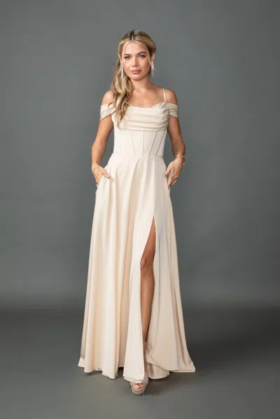 Dq Off-the-shoulder Chiffon Prom Dress With Draped Cowl Neckline, Spaghetti Straps, And Front Slit Skir In Neutral