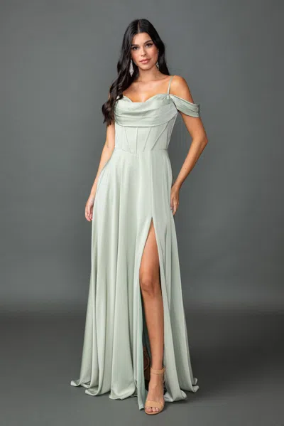 Dq Off-the-shoulder Chiffon Prom Dress With Draped Cowl Neckline, Spaghetti Straps, And Front Slit Skir In Multi
