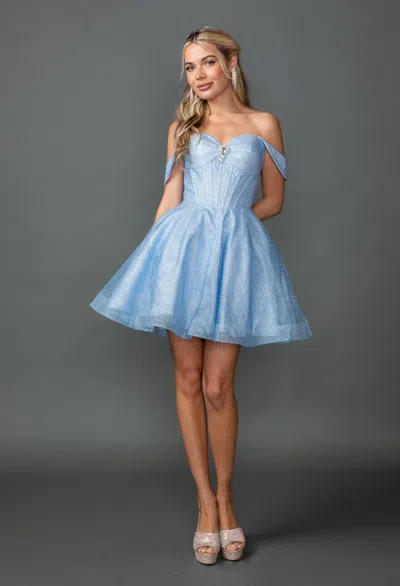 Dq Off-the-shoulder Glitter Homecoming Dress With Sweetheart Neckline, Rhinestone Detail, And A-line Sk In Blue