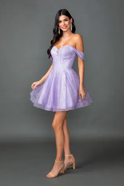 Dq Off-the-shoulder Glitter Homecoming Dress With Sweetheart Neckline, Rhinestone Detail, And A-line Sk In Purple