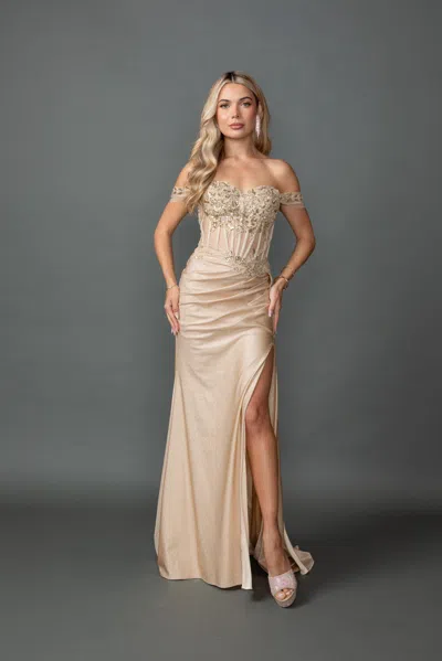 Dq Off-the-shoulder Glitter Prom Dress With Embroidered Corset Bodice And Ruched Side Slit Skirt In Gold