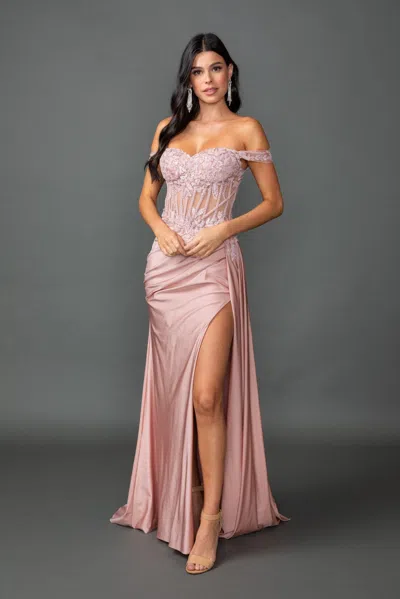 Dq Off-the-shoulder Glitter Prom Dress With Embroidered Corset Bodice And Ruched Side Slit Skirt In Pink