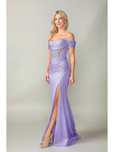 Dq Off-the-shoulder Mermaid Gown With Corset Back And Sweep Train Prom Dress In Blue