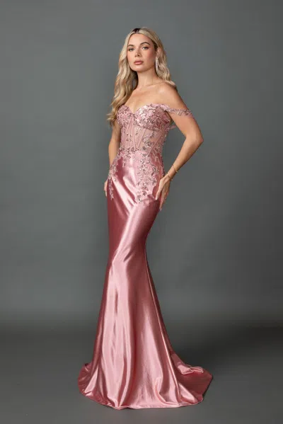 Dq Off-the-shoulder Satin Prom Dress With Beaded Corset Bodice And Fitted Mermaid Silhouette In Multi