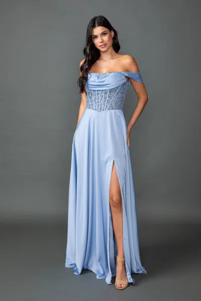 Dq Off-the-shoulder Satin Prom Dress With Draped Cowl Neckline, Sheer Beaded Corset Bodice, And High Sl In Blue