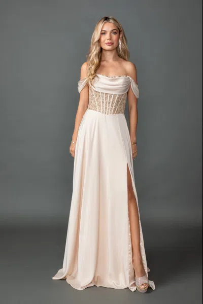 Dq Off-the-shoulder Satin Prom Dress With Draped Cowl Neckline, Sheer Beaded Corset Bodice, And High Sl In White