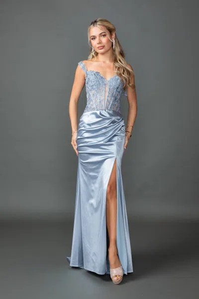 Dq Off-the-shoulder Satin Prom Dress With Lace Corset Bodice And Ruched Side Slit Skirt In Green