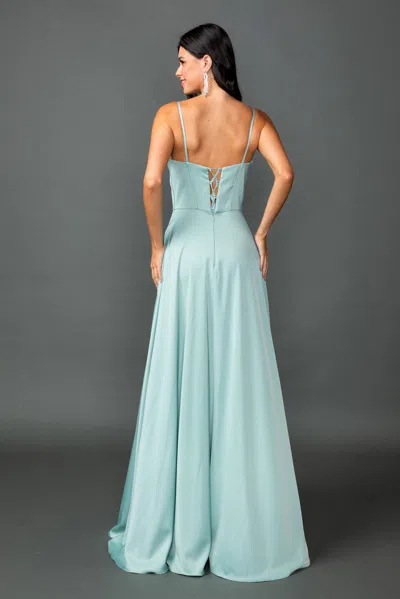 Dq Off-the-shoulder Satin Prom Dress With Sweetheart Neckline, Spaghetti Straps, And Front Slit Skirt In Blue
