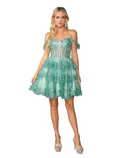 Dq Off-the-shoulder Short Dress With Corset Bodice And Floral Embellishments Homecoming Dress In Green