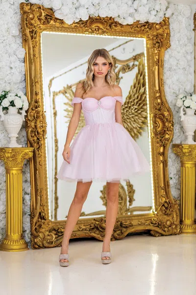 Dq Off-the-shoulder Short Tulle Dress With Corset-style Bodice And Ribbon Detailing In Gold
