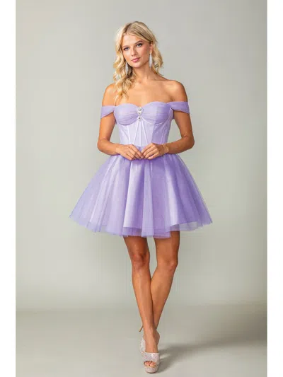 Dq Off-the-shoulder Short Tulle Dress With Corset-style Bodice And Ribbon Detailing In Purple