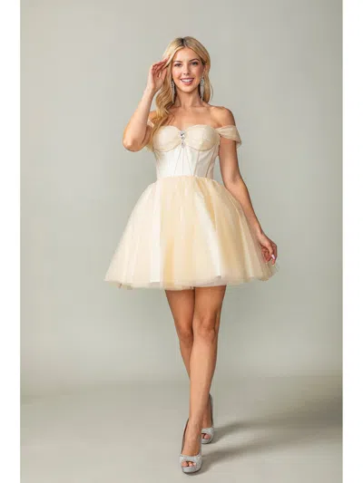 Dq Off-the-shoulder Short Tulle Dress With Corset-style Bodice And Ribbon Detailing In White