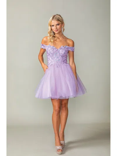 Dq Off-the-shoulder Short Tulle Dress With Embroidered Bodice And Scalloped Edging Homecoming Dress In Purple