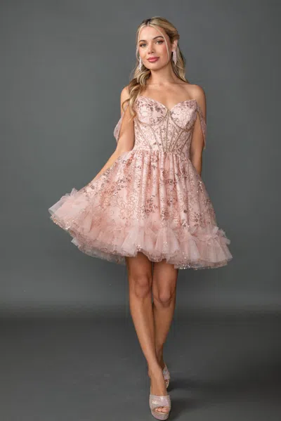 Dq Off-the-shoulder Tulle Homecoming Dress With Embroidered Corset Bodice And Ruffled A-line Skirt In Multi