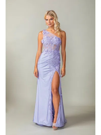 Dq One-shoulder Appliqued Gown With Side Ruching And Sweep Train Prom Dress In Blue