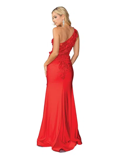 Dq One-shoulder Appliqued Gown With Side Ruching And Sweep Train Prom Dress In Red