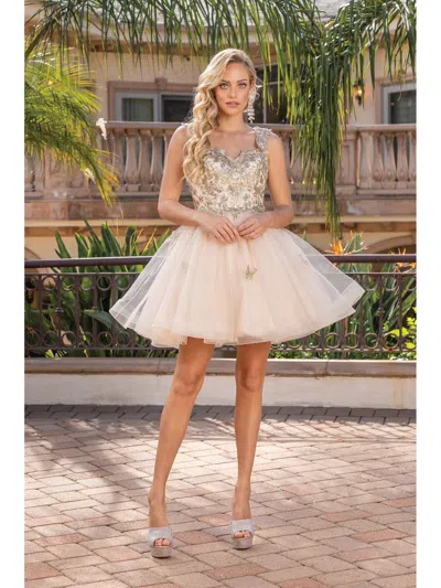 Dq Ornate Beaded Bodice Dress With Illusion Neckline And Layered Tulle Skirt Homecoming Dress In Neutral
