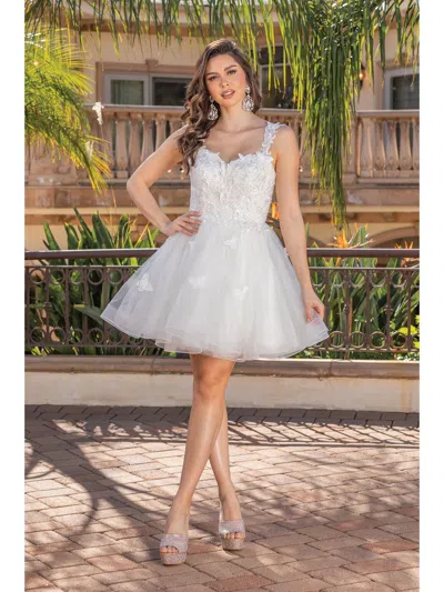 Dq Ornate Beaded Bodice Dress With Illusion Neckline And Layered Tulle Skirt Homecoming Dress In White