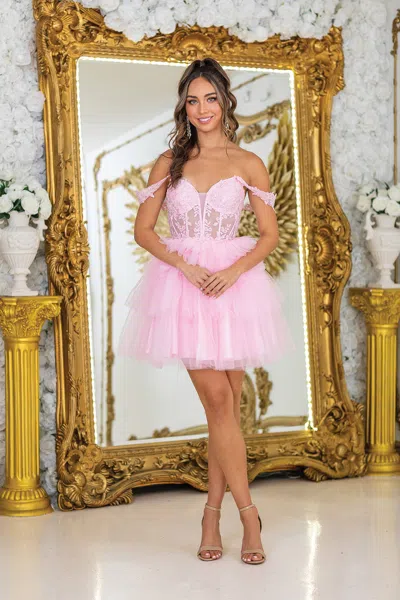 Dq Playful Mini Homecoming Dress With Beaded Bodice And Delicate Spaghetti Straps, Featuring A Layered  In Pink