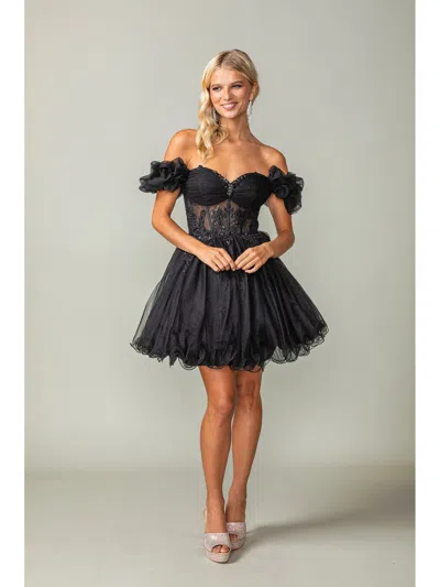 Dq Puff Sleeve Short Tulle Dress With Embroidered Bodice And Scalloped Hem In Black