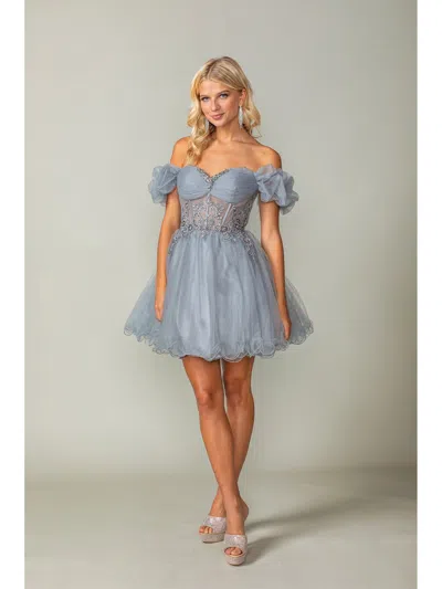 Dq Puff Sleeve Short Tulle Dress With Embroidered Bodice And Scalloped Hem In Blue