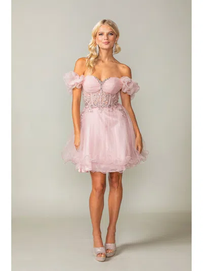 Dq Puff Sleeve Short Tulle Dress With Embroidered Bodice And Scalloped Hem In Pink