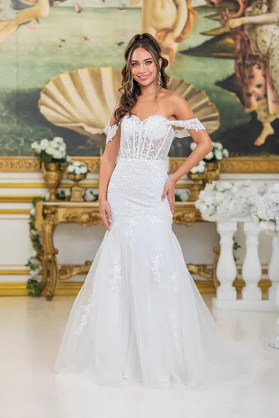 Dq Romantic Wedding Dress Featuring A Sheer Bodice With Intricate Floral Embroidery, Off-shoulder Sleev In White