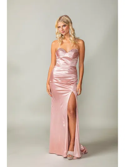 Dq Ruched Satin Gown With Embellished Bustline And Side Slit Prom Dress In Pink