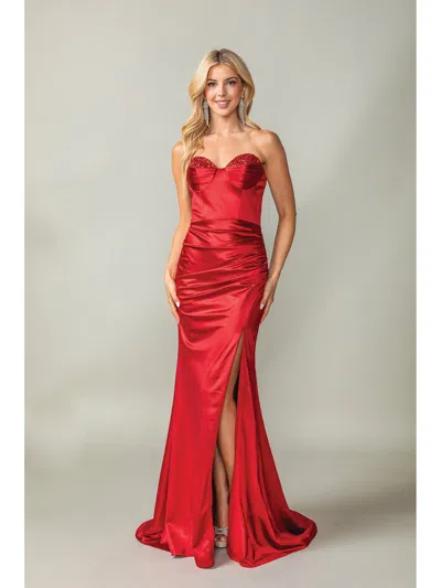 Dq Ruched Satin Gown With Embellished Bustline And Side Slit Prom Dress In Red