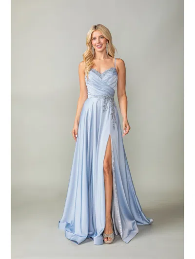 Dq Satin Ball Gown With Embroidered Waist And Lace-up Back Prom Dress In Blue