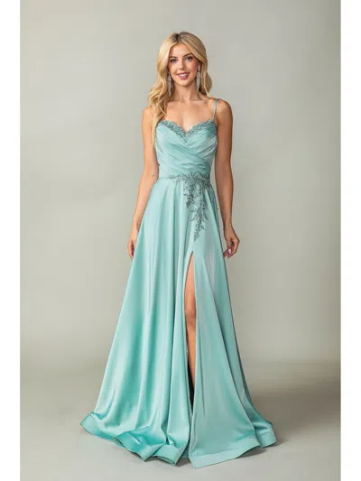 Dq Satin Ball Gown With Embroidered Waist And Lace-up Back Prom Dress In Green