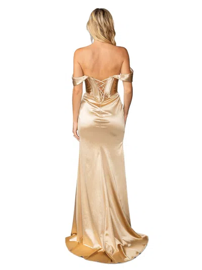 Dq Satin Off-shoulder Gown With Draped Sleeves And Corset-style Lace-up Back Prom Dress In Gold
