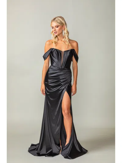 Dq Satin Off-shoulder Gown With Draped Sleeves And Corset-style Lace-up Back Prom Dress In Multi
