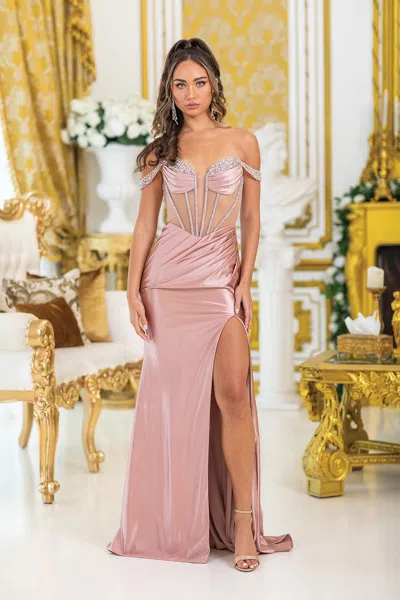 Dq Satin Prom Dress With Crystal Embellished Sheer Bodice, Sweetheart Neckline, And High Slit Skirt In Multi