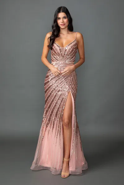 Dq Sequin Prom Dress With V-neckline, Spaghetti Straps, And Front Slit Skirt In Pink