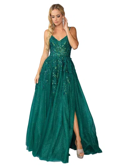 Dq Sequined Bodice A-line Gown With Sheer Overlay And V-neck Design Prom Dress In Green