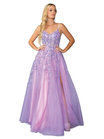 Dq Sequined Bodice A-line Gown With Sheer Overlay And V-neck Design Prom Dress In Purple