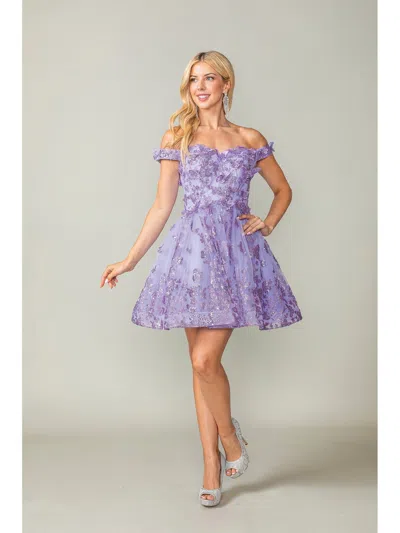 Dq Sequined Lace A-line Dress With Off-the-shoulder Sleeves And Lace-up Back Homecoming Dress In Purple