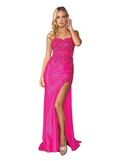 Dq Sequined Lace Applique Gown With Off-shoulder Straps And Side Slit Prom Dress In Pink
