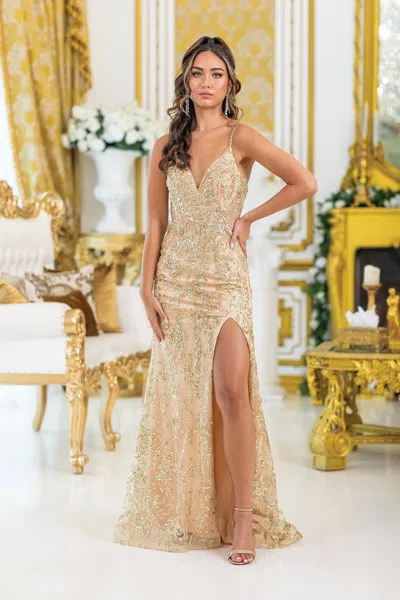 Dq Sequined Lace Overlay Gown With Plunging Neckline And High Side Slit Prom Dress In Neutral