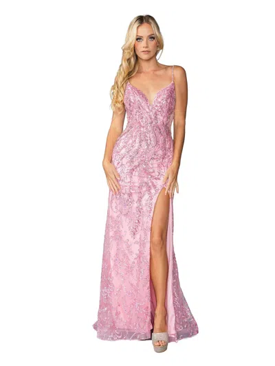 Dq Sequined Lace Overlay Gown With Plunging Neckline And High Side Slit Prom Dress In Pink