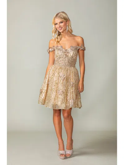 Dq Sequined Off-the-shoulder Dress With Lace-up Back And Floral Appliques Homecoming Dress In Gold